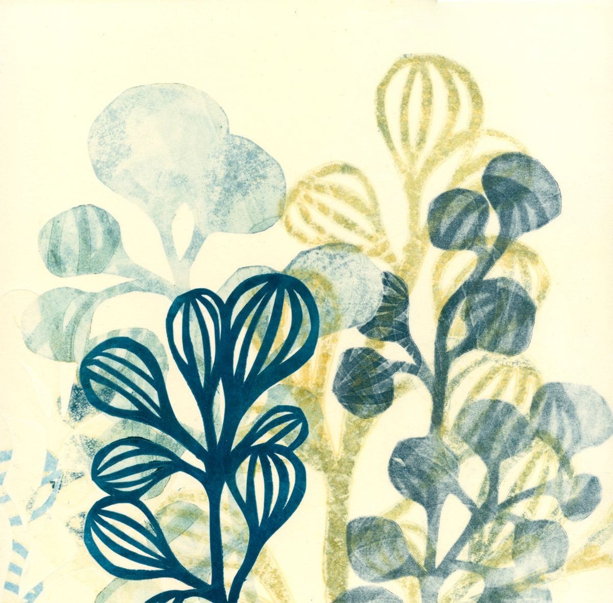 Botanical monoprint in yellow, white and blue using drypoint and collagraph techniques